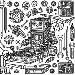 Página para colorear de un robot ensamblando piezas y engranajes en un taller, ideal para niños creativos