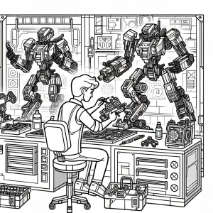 Robot ensamblando mecas tipo lego en taller futurista