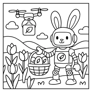 página para colorear de conejo robot repartiendo huevos ecológicos con drone en un valle de tulipanes