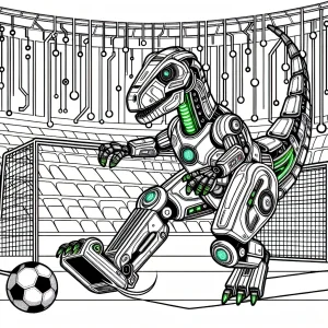Omalovánka robotického dinosaura brankára, ktorý blokuje penaltu v neonovom kyber štadióne