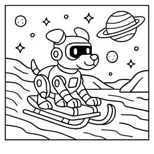 Página para colorear de un trineo de perros robot en un planeta de hielo, ideal para imprimir y colorear gratis