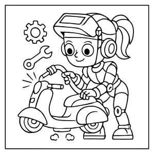 Página para colorear de niña robot mecánica soldando un scooter volador