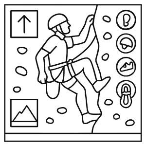 página para colorear de un atleta de escalada siguiendo un diagrama táctico