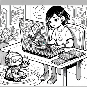 página para colorear de niña STEM codificando con robot en mundo futurista
