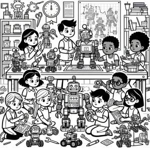 página para colorear de niños construyendo robots en laboratorio STEM