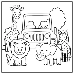 Safari jeep entouré d’animaux en carton - page de coloriage à imprimer gratuite pour enfants