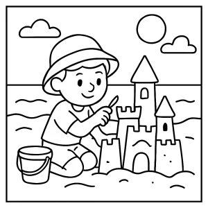 Página para colorear de un arquitecto esculpiendo un castillo de arena en la playa, ideal para imprimir y colorear.