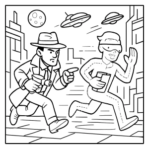 Página para colorear de detective de ciencia ficción persiguiendo a un ladrón holograma en ciudad futurista