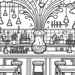 Página para colorear de un vaso de laboratorio burbujeando vapor arcoíris en un aula científica llena de detalles.