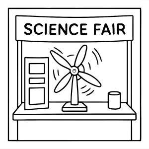 Página para colorear de una feria de ciencias con una turbina de viento casera girando