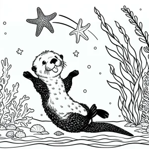 Página para colorear de nutria marina juguetona con estrellas de mar entre algas, ideal para niños.