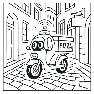 Page de coloriage gratuite d’un scooter à pizza autonome roulant dans des ruelles européennes étroites