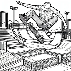 Página para colorear de un skater haciendo un kickflip en el parque de patinaje