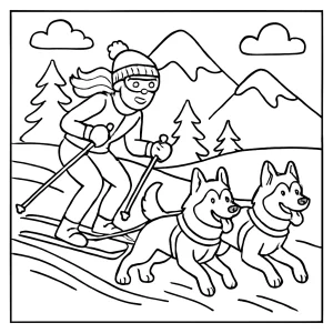 página para colorear de niña esquiadora corriendo con perros husky en la nieve