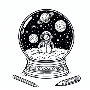 página para colorear de un muñeco de nieve astronauta en globo de nieve galáctico
