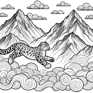 Página para colorear de un cachorro de leopardo de las nieves saltando entre montañas y nubes