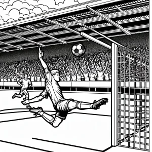 Página para colorear de un futbolista marcando un gol en un estadio lleno de aficionados animando.