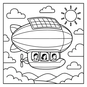 página para colorear de un crucero en dirigible solar flotando sobre las nubes, lista para imprimir y pintar
