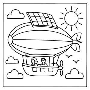 Solar Airship Cruise página para colorear: ilustración imprimible de un crucero en aeronave solar para colorear gratis