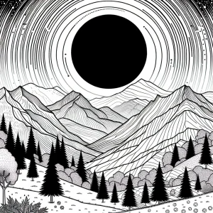 página para colorear de un eclipse solar proyectando sombra sobre picos montañosos