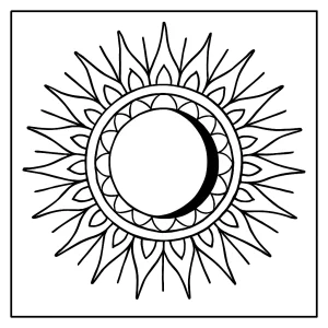 Mandala de eclipse solar con rayos de corona y silueta de la luna, página para colorear imprimible en español