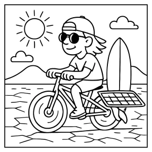 página para colorear de una bicicleta solar híbrida recorriendo las salinas del desierto