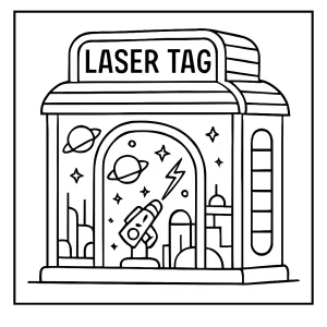 page de coloriage d’une arène de laser tag futuriste inspirée des arcades rétro, à imprimer gratuitement
