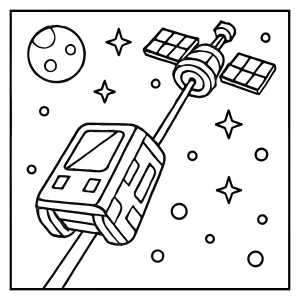 Página para colorear de un vehículo trepador ascendiendo por el ascensor espacial hacia una estación orbital