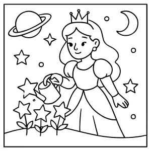 Página para colorear de princesa espacial regando flores de estrellas en el espacio