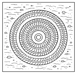 Página para colorear de un mandala formado por huellas de un rover espacial sobre el suelo de Marte