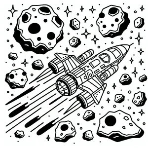 Nave espacial volando entre asteroides en el espacio exterior - página para colorear gratis