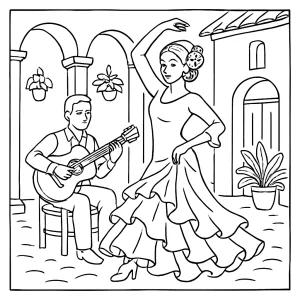 Página para colorear de baile flamenco en patio andaluz, escena española
