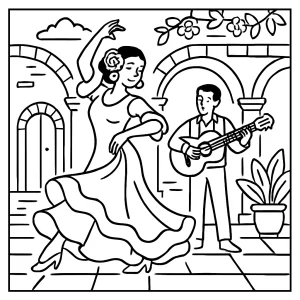 Página para colorear de un baile flamenco en un patio andaluz de España