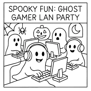 Página para colorear de fantasmas gamers en fiesta LAN, ideal para imprimir y colorear gratis