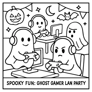 Página para colorear de fiesta LAN con fantasmas gamers jugando videojuegos, ideal para imprimir y pintar.