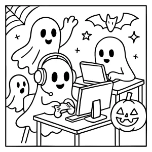 Página para colorear de fantasmas gamers en una fiesta LAN con consolas y auriculares