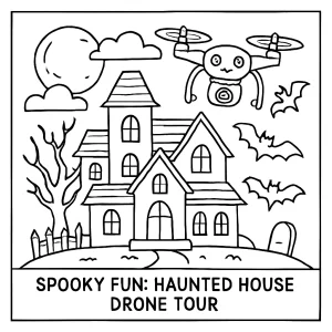 Página para colorear de casa encantada con dron, ideal para niños y actividades de Halloween