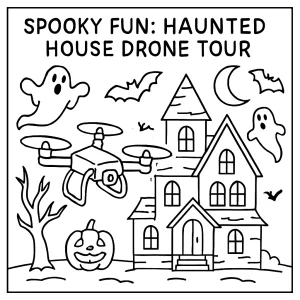 Página para colorear de un tour en dron por una casa embrujada, ideal para niños