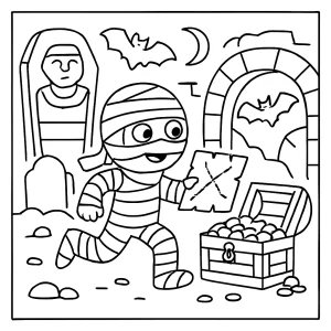 Página para colorear de una búsqueda del tesoro con momias, pirámides y tesoros misteriosos para imprimir y colorear gratis