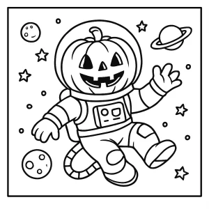Astronauta calabaza flotando en el espacio, página para colorear para niños