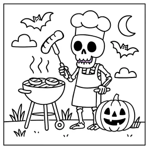 Página para colorear de un chef esqueleto cocinando en una barbacoa divertida y espeluznante para imprimir