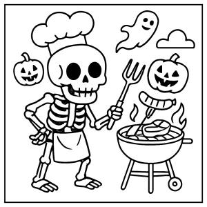 Chef esqueleto asando carne en una barbacoa, página para colorear para imprimir gratis