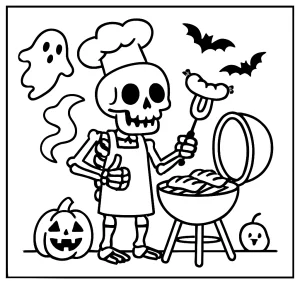 Página para colorear de esqueleto chef asando en una barbacoa espeluznante para imprimir gratis