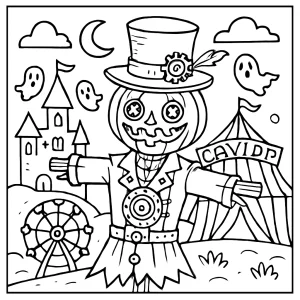 Página para colorear de carnaval steampunk con espantapájaros para imprimir y colorear gratis