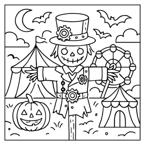 Página para colorear de un carnaval steampunk con espantapájaros y detalles misteriosos para imprimir y colorear gratis