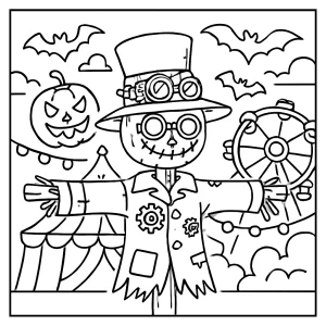 Página para colorear de carnaval steampunk con espantapájaros y máquinas extrañas