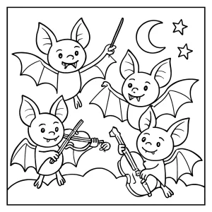 Orquesta de murciélagos vampiros tocando instrumentos, página para colorear gratis