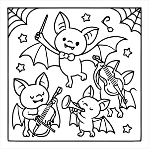 Murciélagos vampiro tocando instrumentos en una orquesta, página para colorear para imprimir y pintar gratis