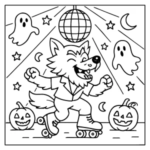 Página para colorear de un hombre lobo bailando en la pista de roller disco, ideal para imprimir y colorear en casa