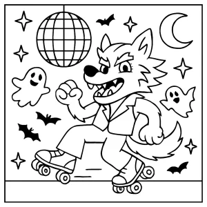 Hombre lobo bailando en roller disco página para colorear para imprimir gratis